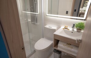A modern bathroom with a glass-enclosed shower, a white toilet, and a sink with a mirror above it. - Hotel Fontana Bogotá (Bogotá)