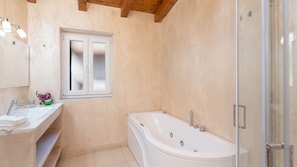 Shower, jetted tub, hair dryer, bidet