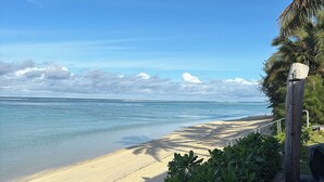Una playa con agua cristalina, una orilla arenosa y abundante vegetación.