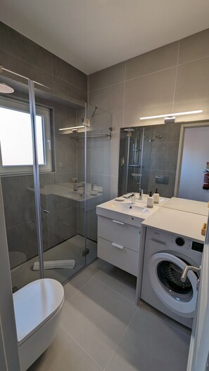 Douche, séchoir à cheveux, serviettes fournies, savon