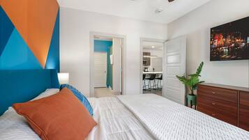 2 bedrooms, desk, iron/ironing board, travel crib