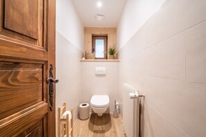 Chuveiro, secador de cabelo, toalhas de banho 