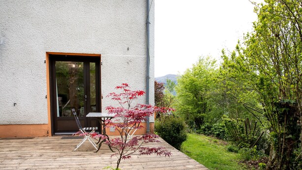 A wooden deck with a potted plant, a door, and a table with chairs.