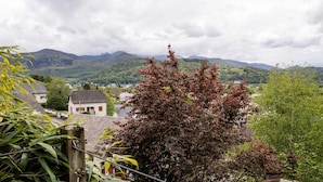 A view of a town with houses, a river, and mountains in the background.