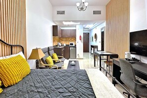 1 bedroom, desk, iron/ironing board, travel cot