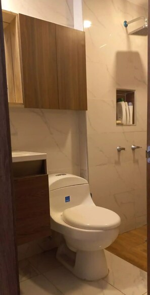 Douche, sèche-cheveux, serviettes fournies, savon