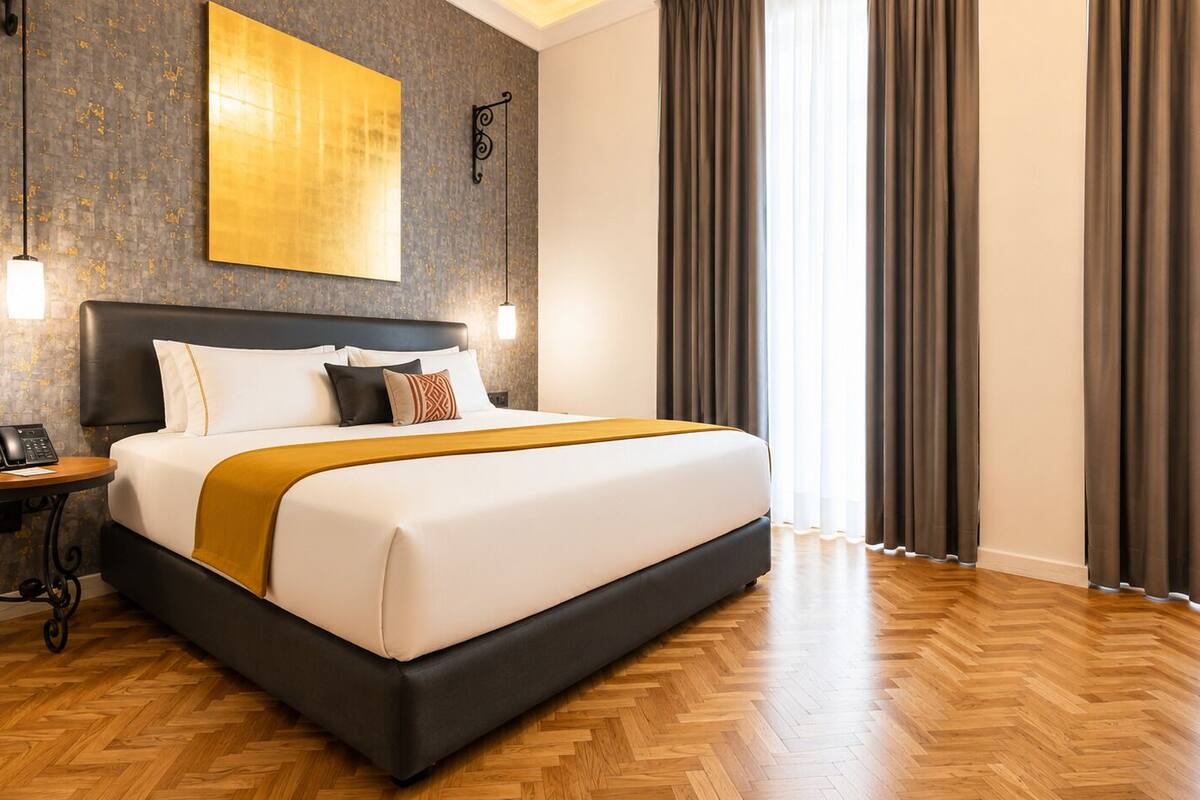 A hotel room with a large bed, a bedside table with a telephone, a wall-mounted artwork, and a window with curtains.