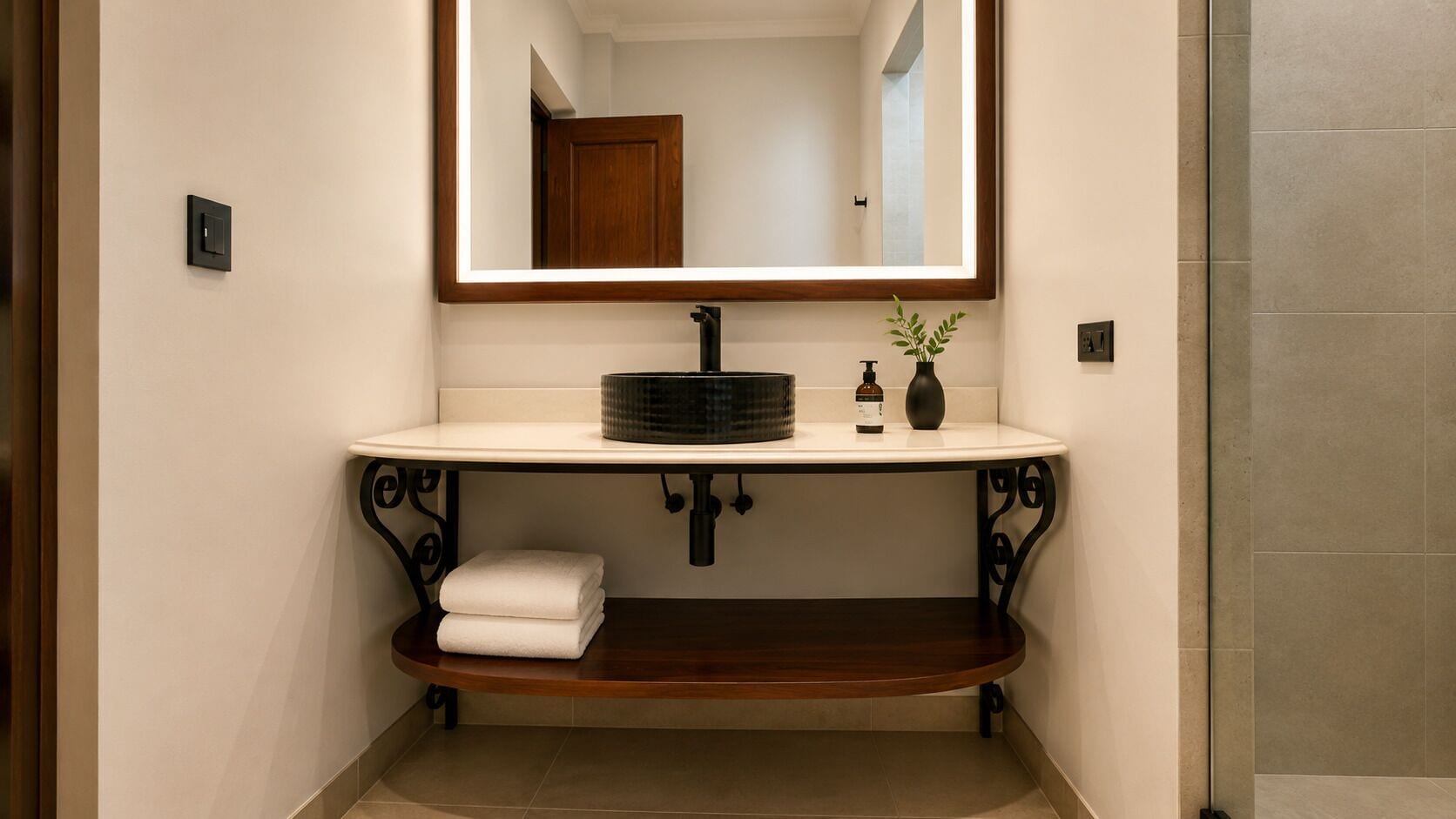 A bathroom with a white sink, a mirror, a towel rack, and a small plant.