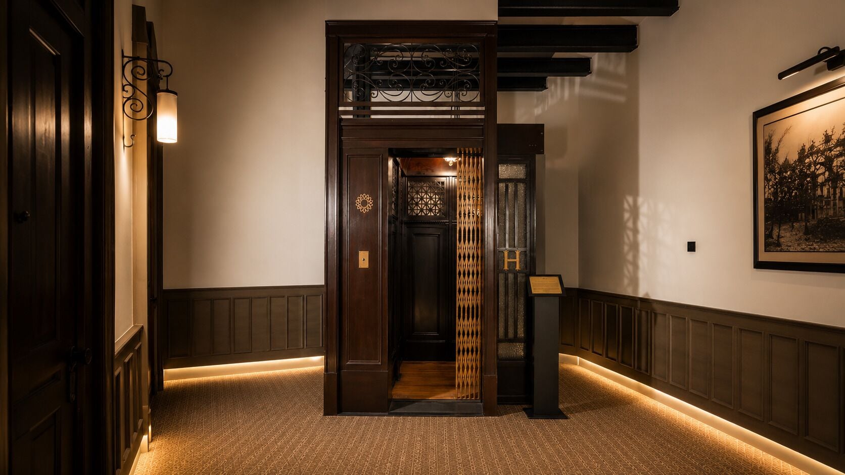 A hallway with a wooden door, a wall-mounted light fixture, and a framed picture on the wall.