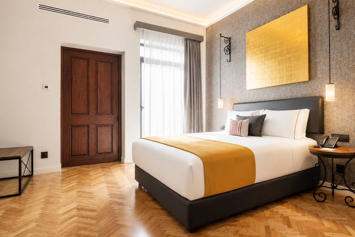 A hotel room with a large bed, a bedside table, a wall-mounted light, and a door.