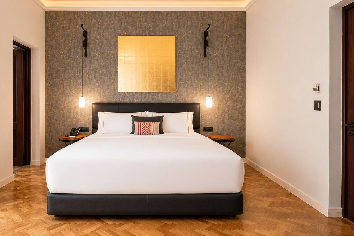 A large bed with a dark headboard, two bedside tables with lamps, a large wall mirror, and a patterned wall.