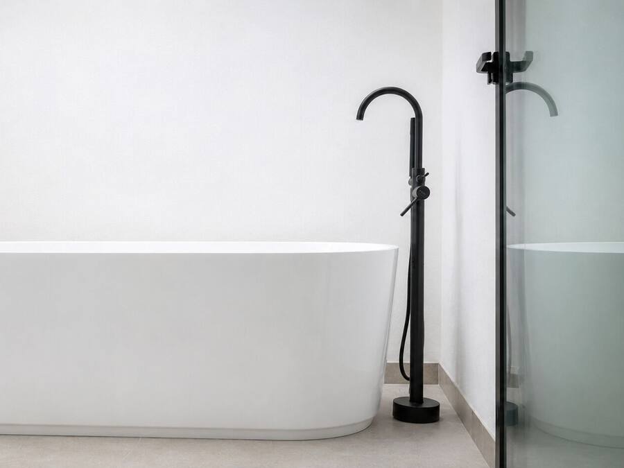 A modern bathroom with a freestanding bathtub, a glass shower enclosure, and a minimalist design.