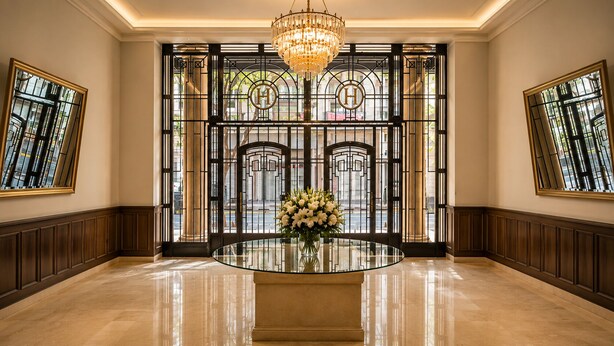 A lobby with a glass table, a chandelier, and a view through a decorative metal gate. - Hotel Bellas Artes  (Mexico City)