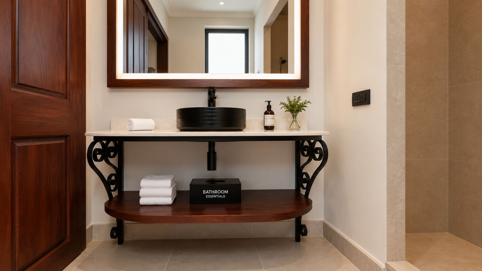 A bathroom vanity with a mirror, sink, and shelf with toiletries.