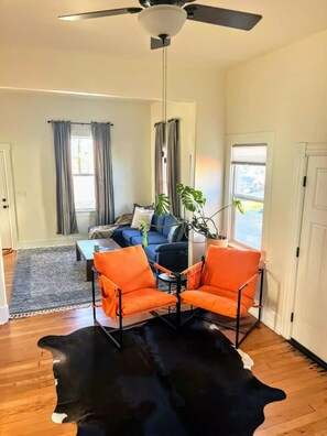 TV, fireplace, books