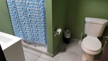 Hair dryer, towels, soap, shampoo