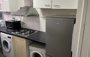 Fridge, microwave, stovetop, electric kettle
