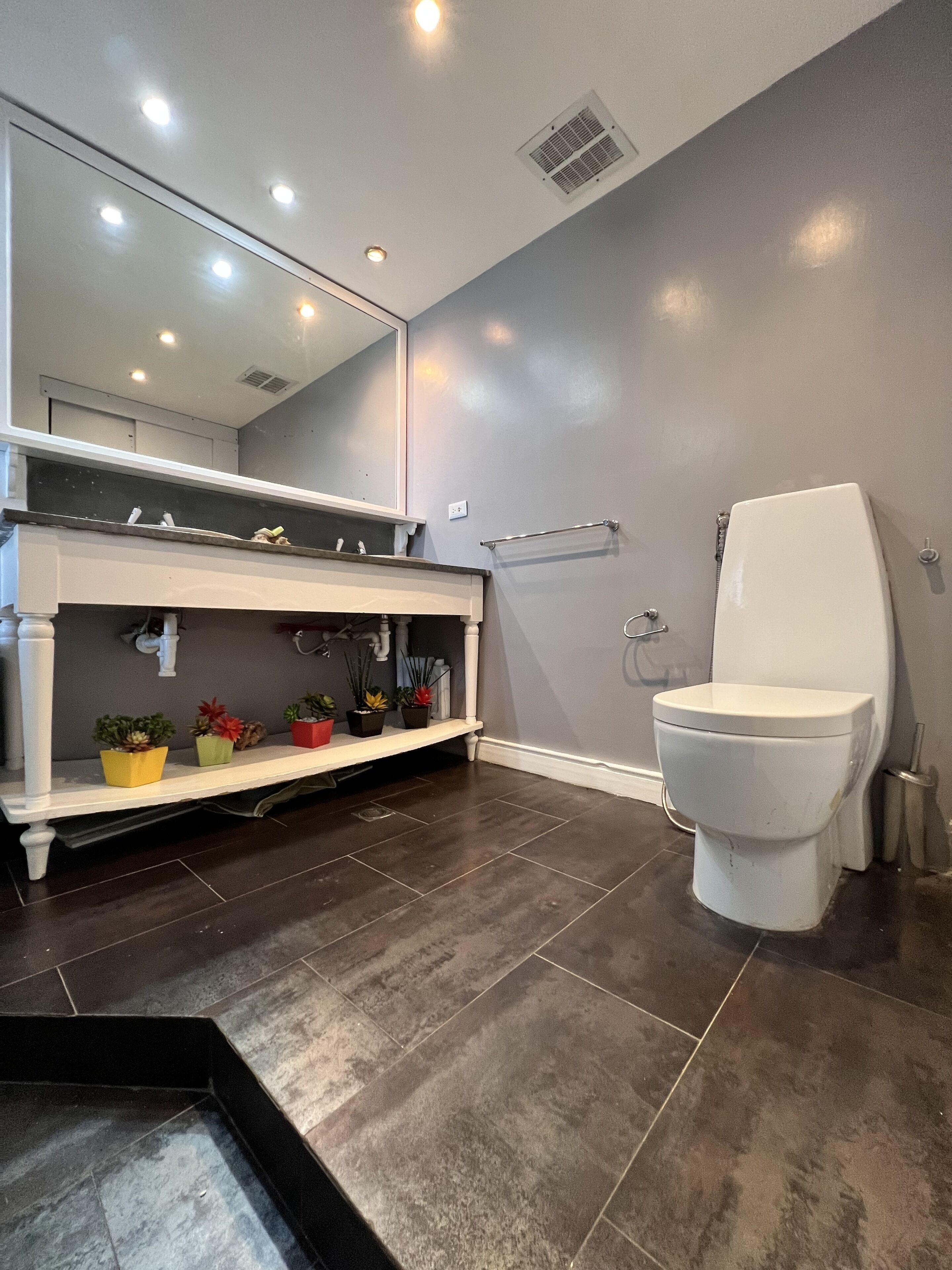 Dusche, umweltfreundliche Kosmetikartikel, Haartrockner, Handtücher