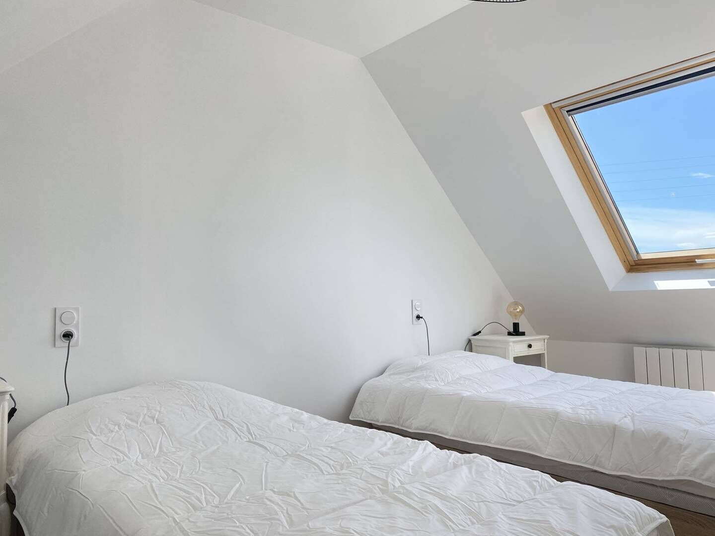 A bedroom with two beds, a skylight, and a bedside table with a lamp.