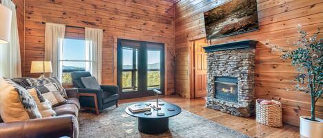 Smart TV, fireplace, foosball