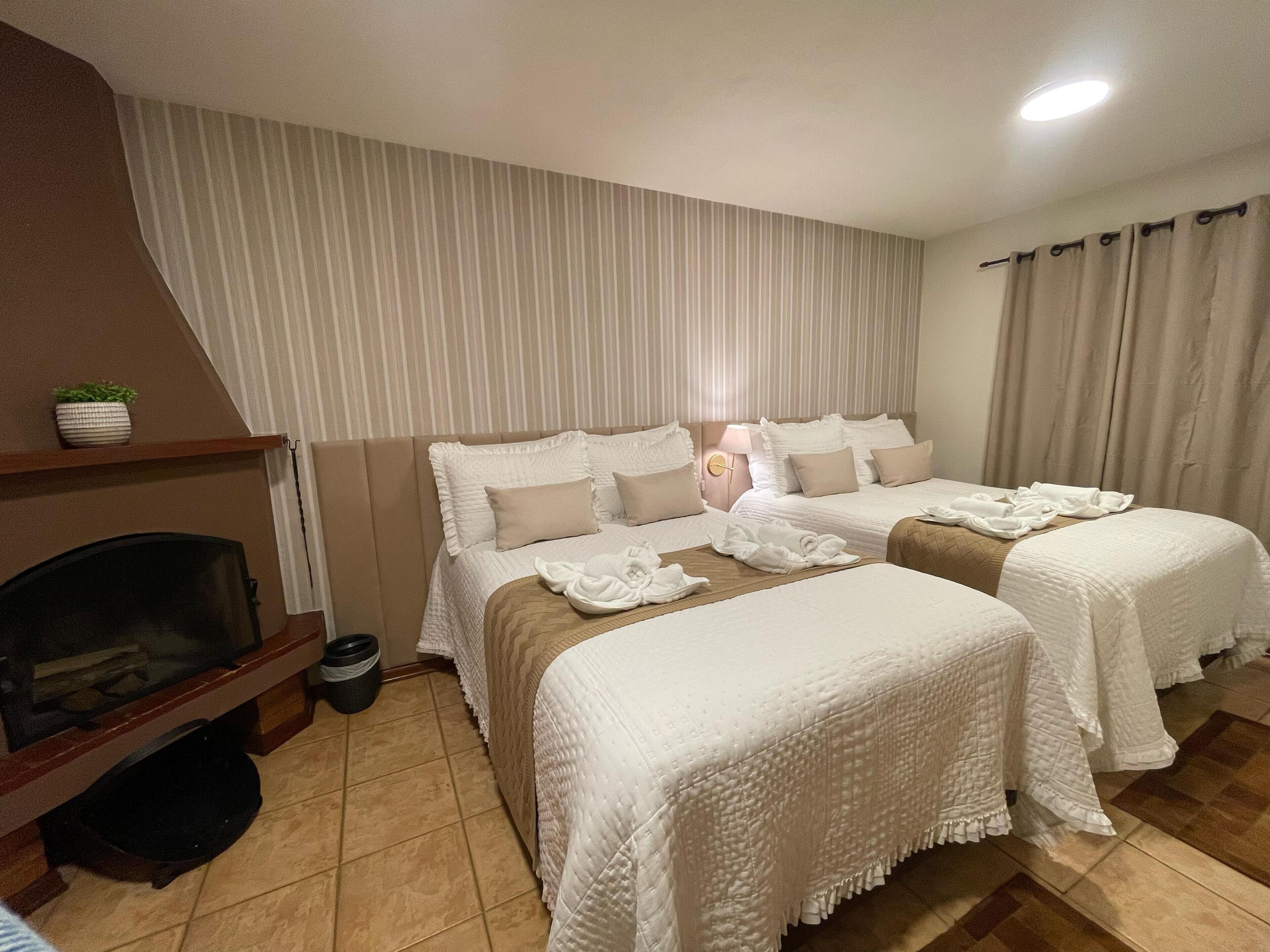 Habitación de hotel con dos camas, una chimenea y una pequeña estantería con una planta.