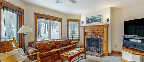 TV, fireplace, DVD player, video library