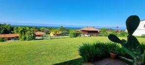 A well-maintained lawn with a cactus in the foreground, a wooden deck, and a view of the sea in the background.