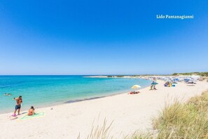 Eine Strandansicht bei klarem Himmel und ruhigem Wasser.