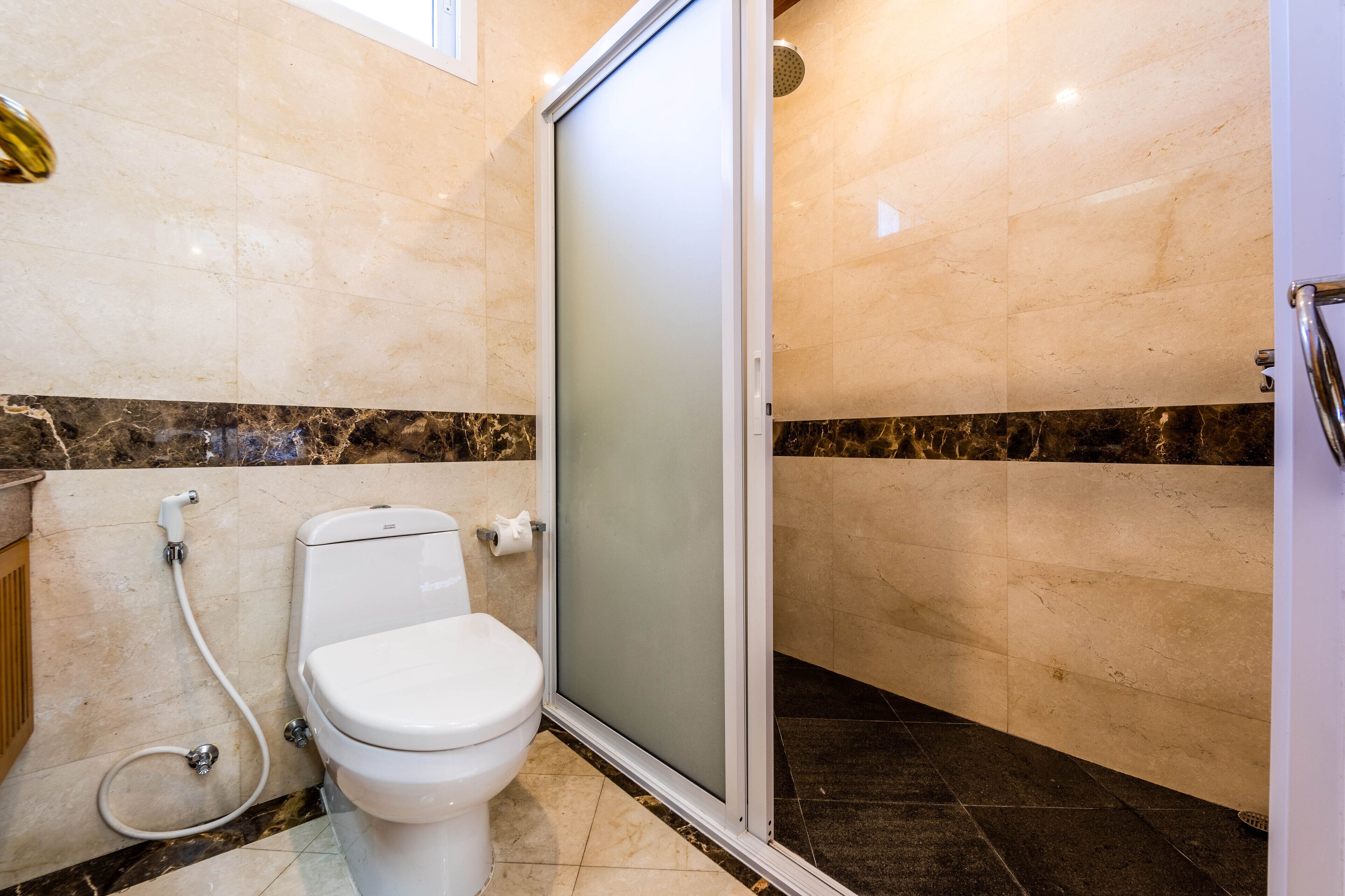 A bathroom with a toilet, a shower enclosure, and marble walls.