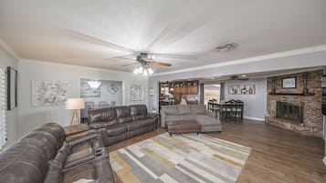 Smart TV, fireplace, books