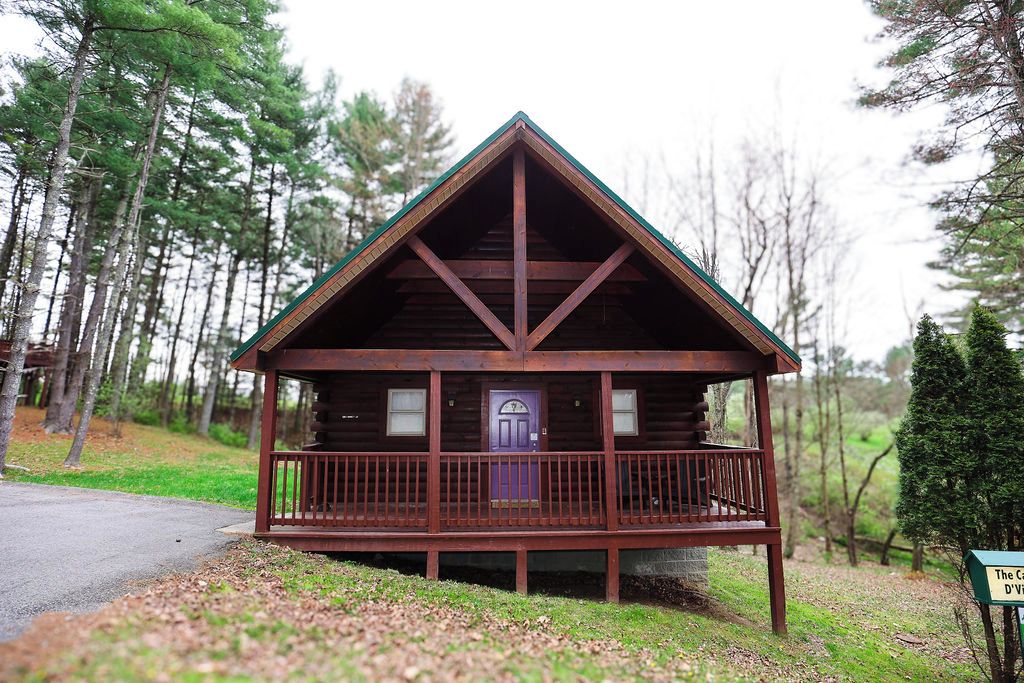 A cabin with a front porch and a door, surrounded by trees.