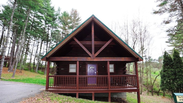 Een chalet met een veranda en een deur, omringd door bomen.