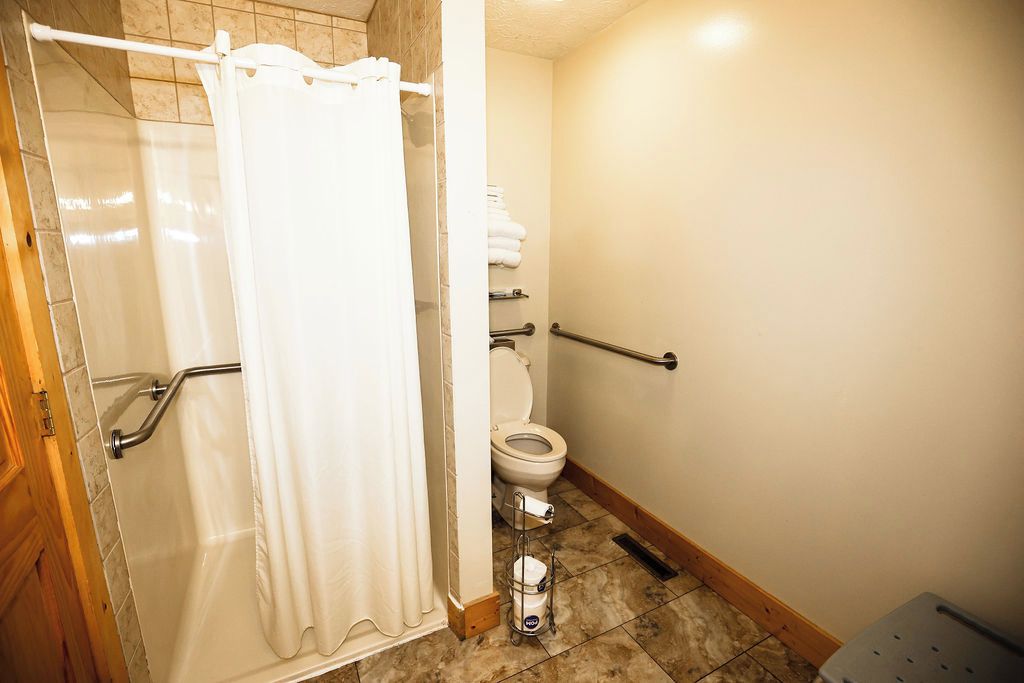 A bathroom with a shower, toilet, and grab bars.