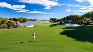Een golfbaan met een helder uitzicht op het water en bomen in de achtergrond.