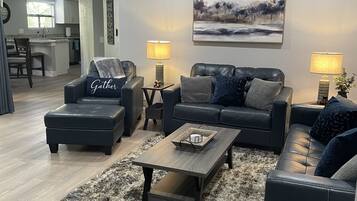 Smart TV, fireplace, books