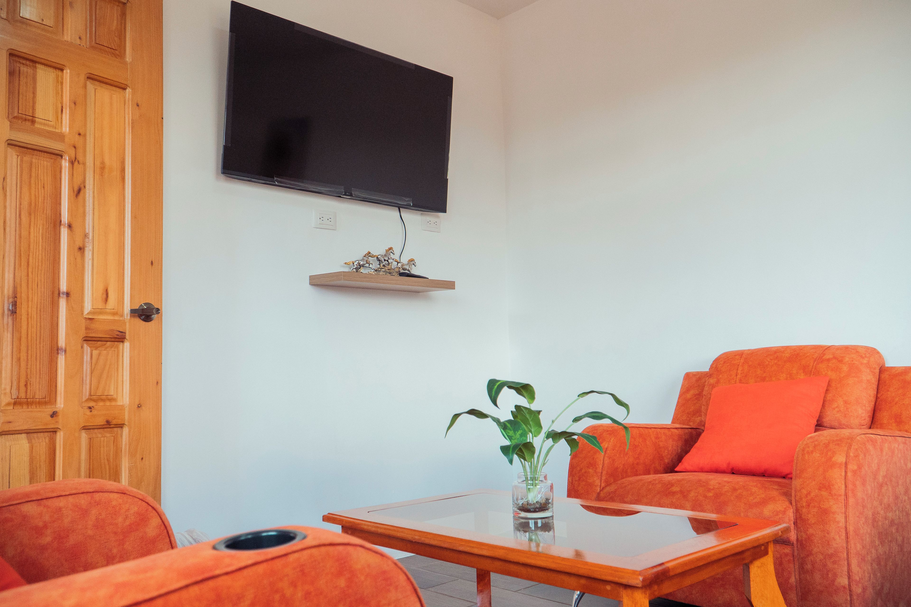 Een woonkamer met een aan de muur bevestigde televisie, een houten plank met decoratieve objecten, een oranje bank en een glazen salontafel met een plant.