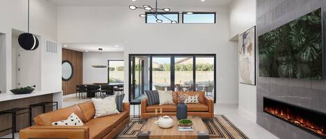 Smart TV, fireplace, books