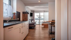 A modern kitchen with a built-in oven, a dining area with a table and chairs, and a balcony with a view. - Studio Apartment 'Ferienwohnung Legau' with Wi-Fi (Legau)