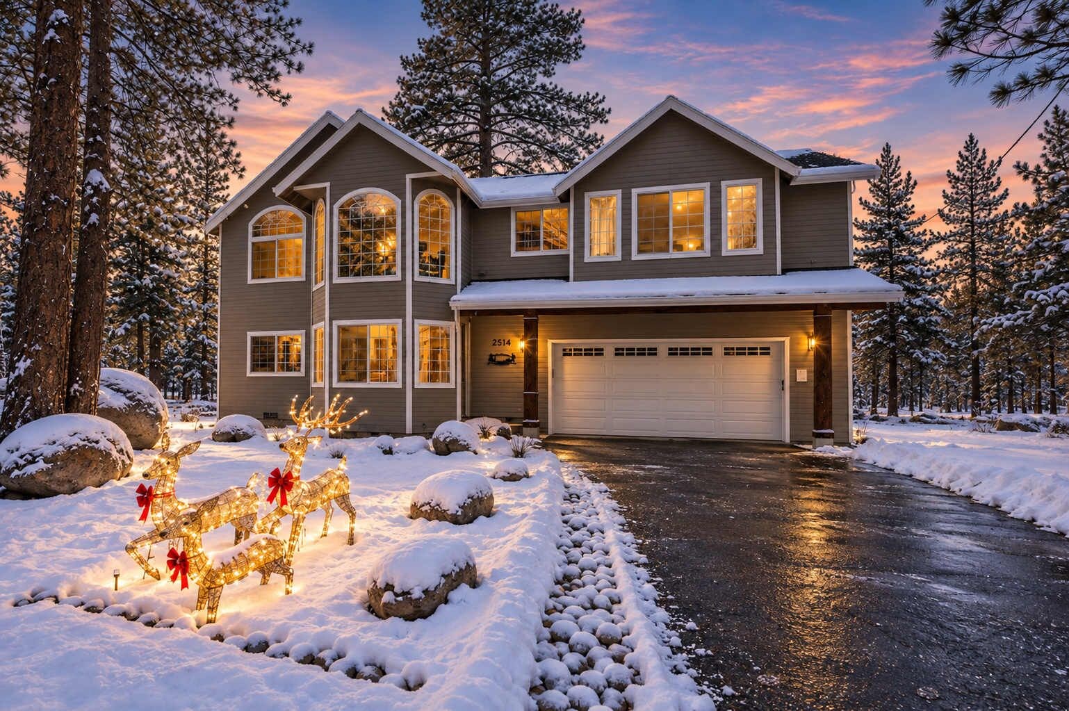 A two-story house with a garage, surrounded by snow-covered ground and trees.