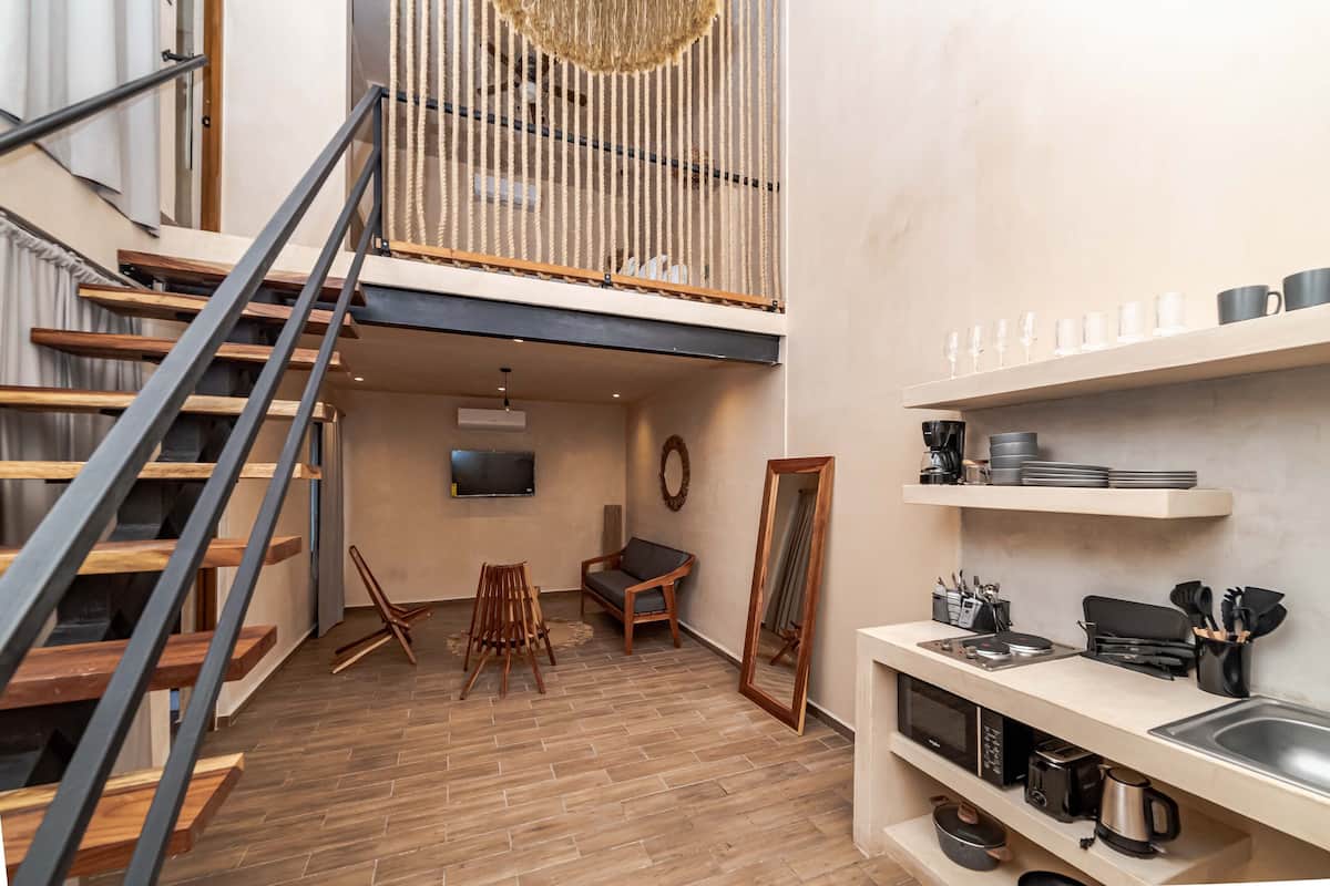 标准复式房 | 私人厨房 | 大冰箱、微波炉、炉灶、电热水壶