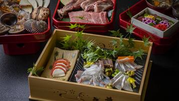 A variety of seafood and meat dishes in traditional Japanese bento boxes.