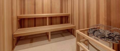 A wooden sauna with benches and a sauna heater.