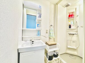 Shower, hair dryer, bidet, towels