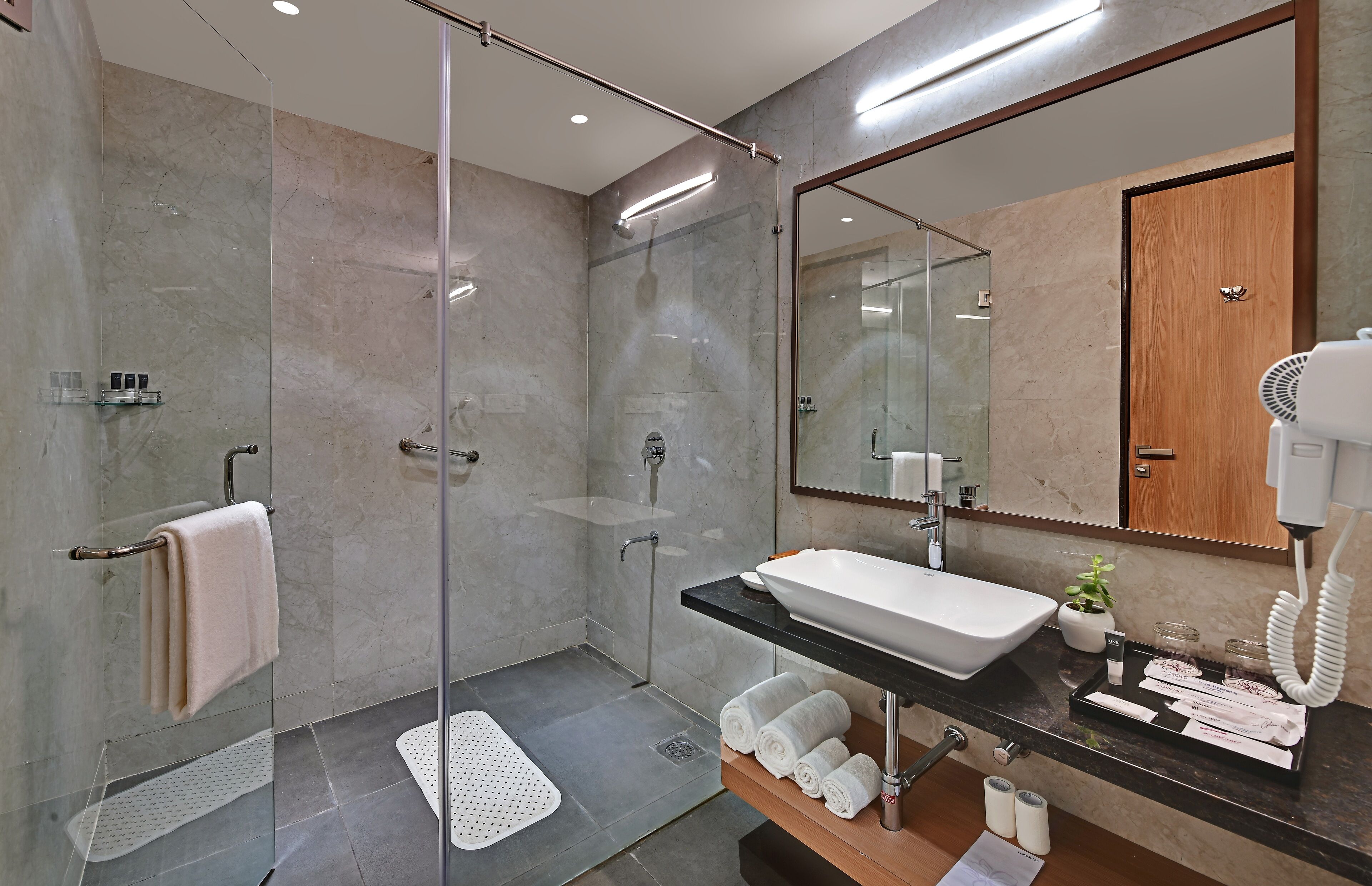 A modern bathroom with a glass-enclosed shower, a sink with a black countertop, and a mirror above the sink.