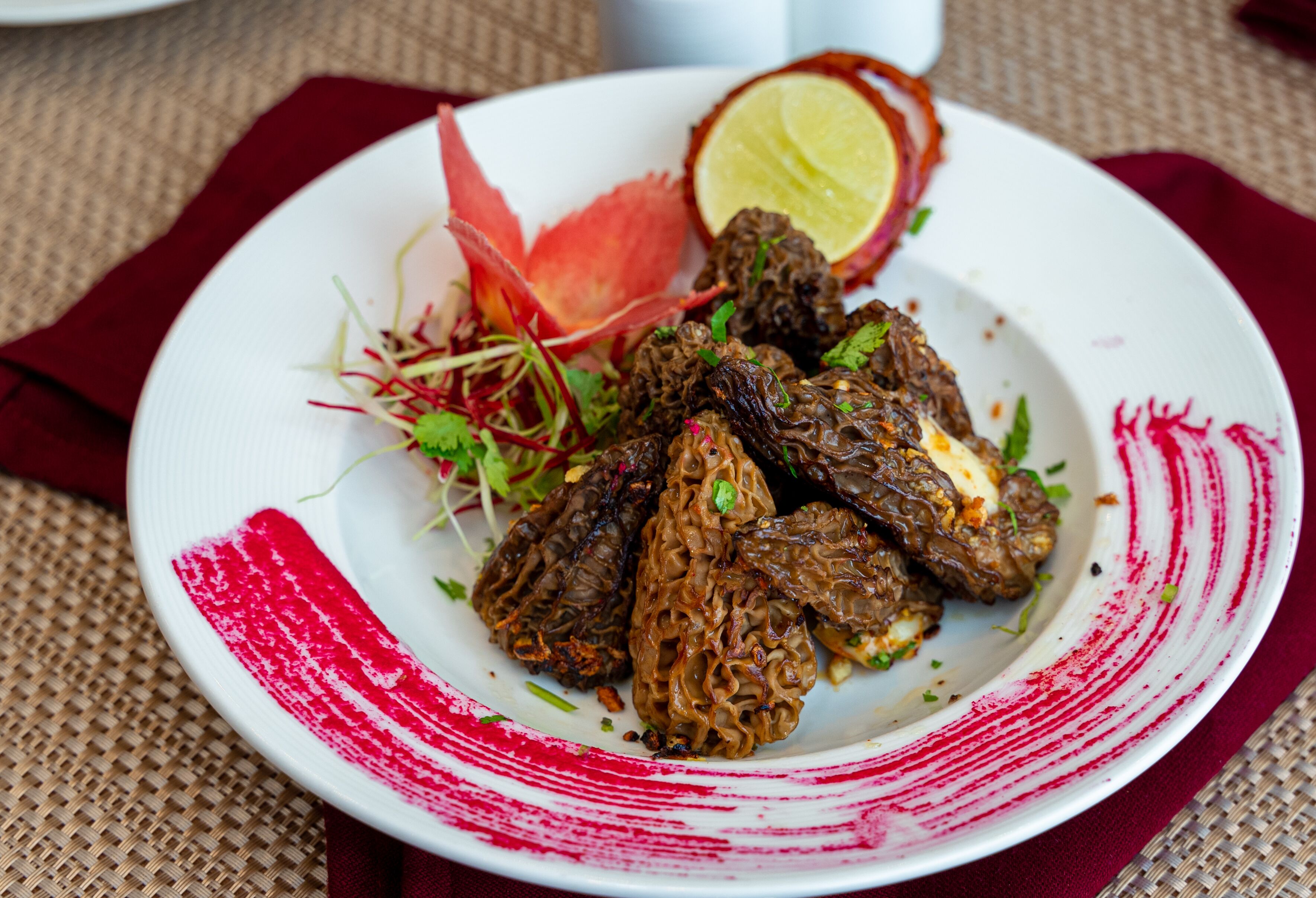 A plate of food with a red and white design, garnished with herbs and a slice of lime.