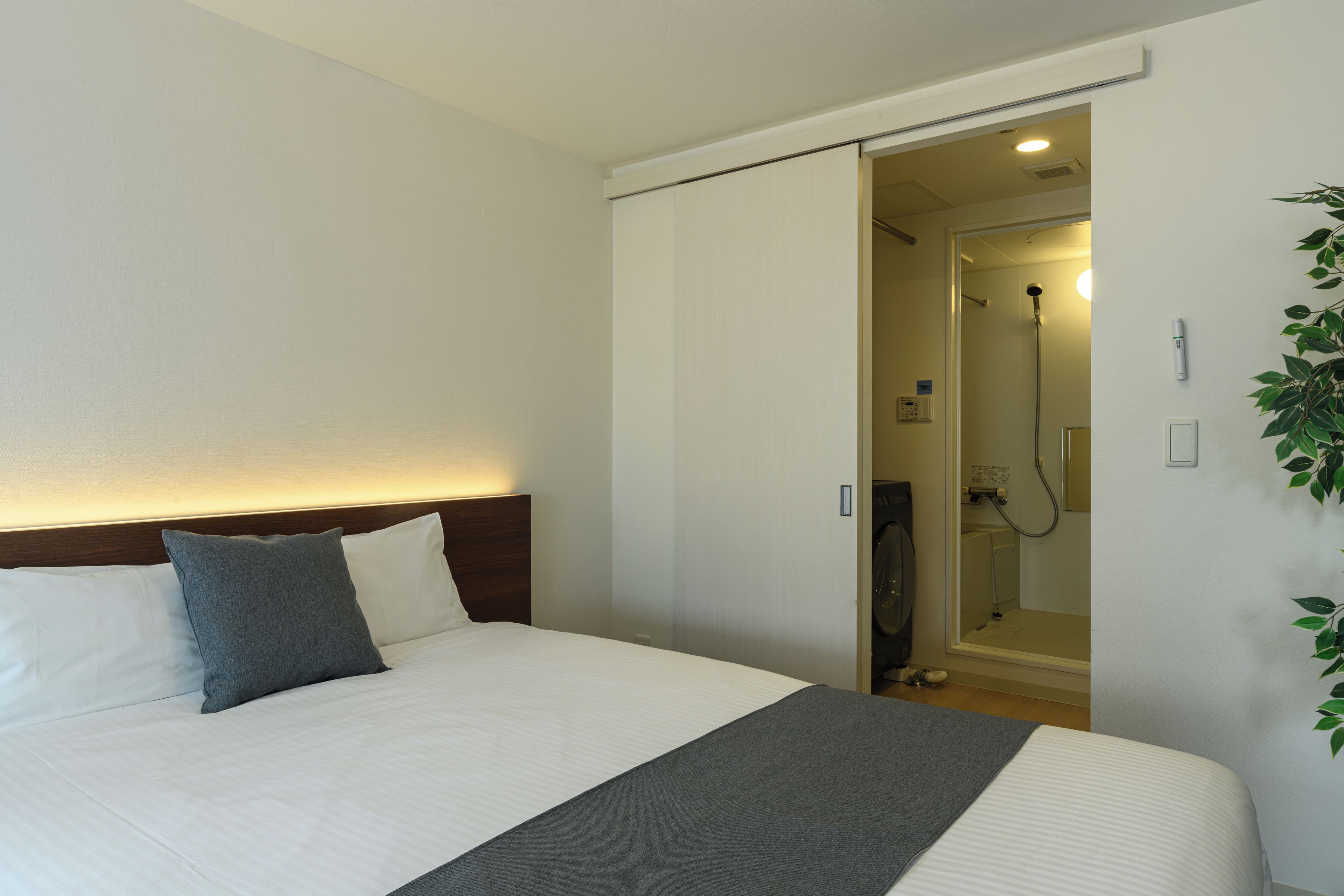 Habitación de hotel con cama, mesita de noche, zona de ducha y una planta colgante en la pared.