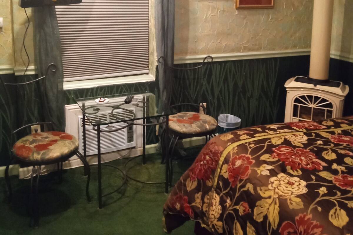 A room with a bed, a desk, a chair, a radiator, a television, and two framed pictures on the wall.