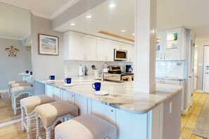 Fridge, microwave, dishwasher, coffee/tea maker