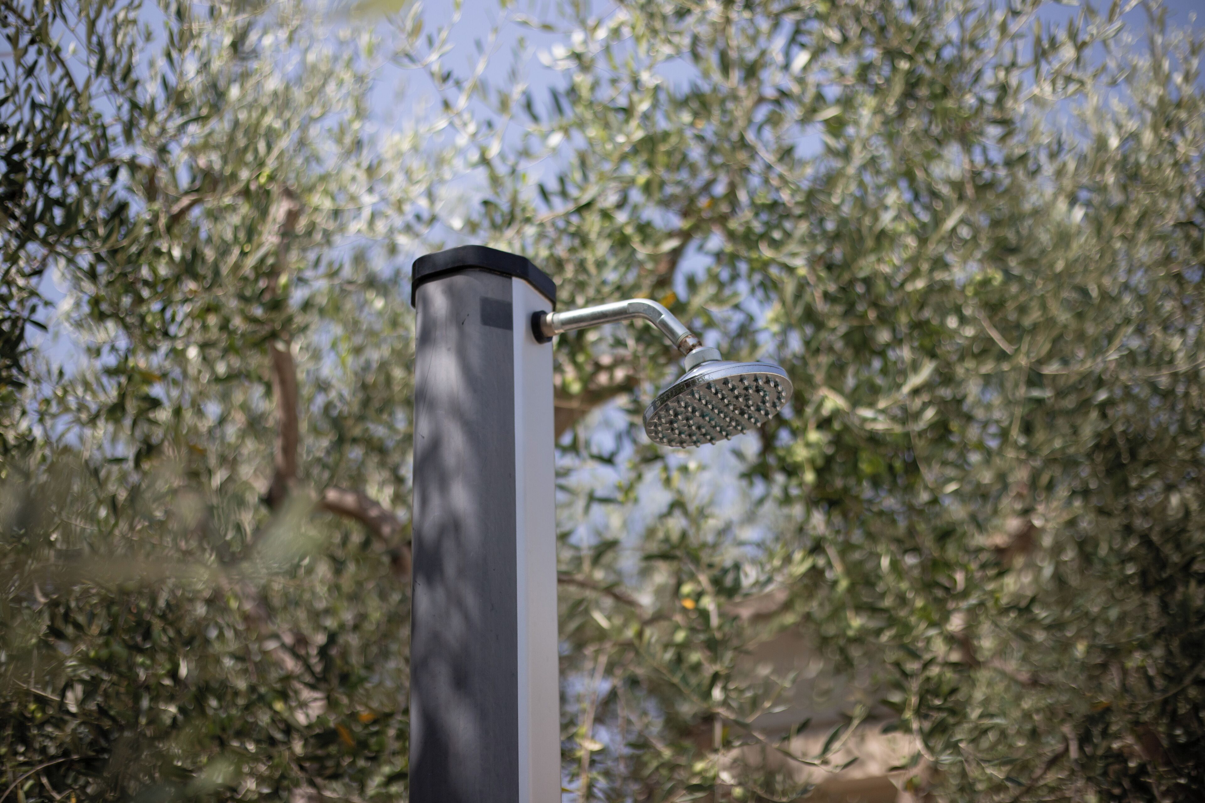 A metal showerhead attached to a vertical pole, likely part of an outdoor water feature or garden.