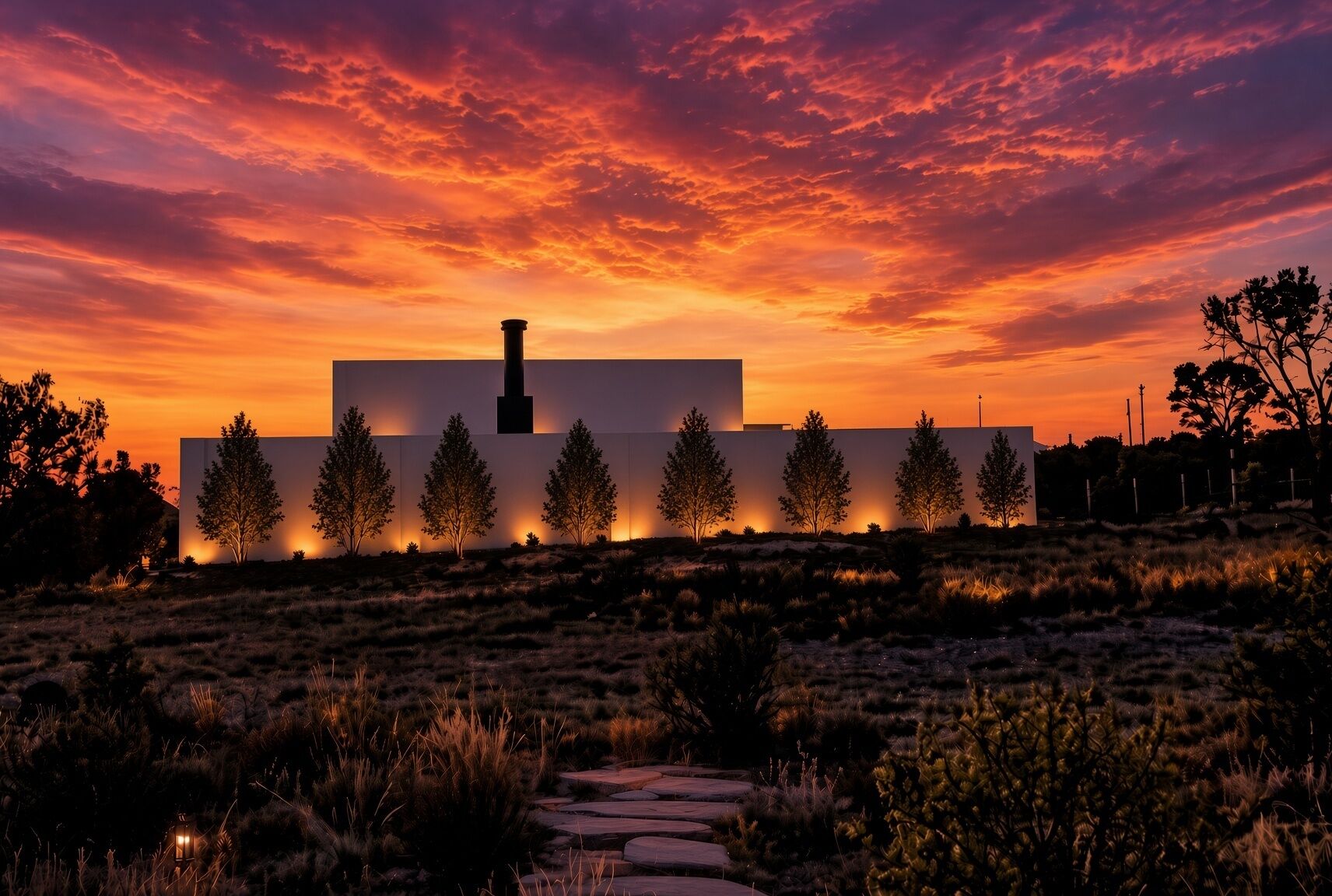 Un bâtiment moderne doté d’un toit plat, d’une cheminée centrale et d’une série d’arbres régulièrement espacés le long de son pourtour.